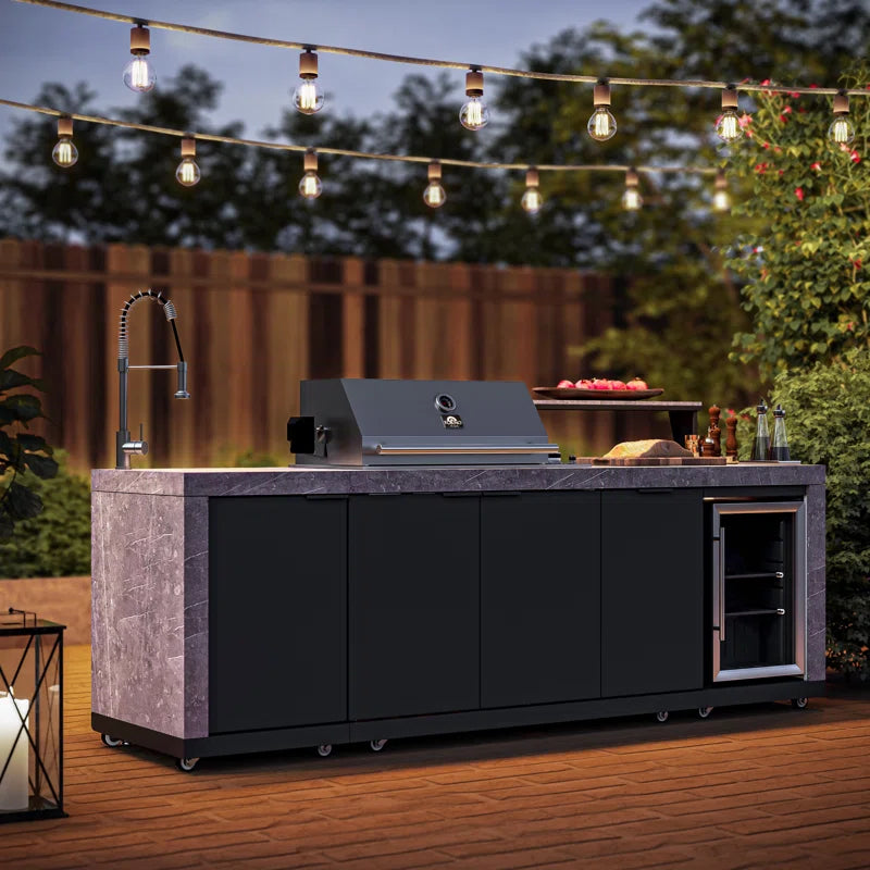 Forno Rimini Outdoor Kitchen 30" BBQ 62,600 BTU, 3 Burners with Sear & Rotisserie, 2.4 cu.ft. Beverage Center, Stainless Steel Sink, Black Cabinets & Gray Sintered Stone Countertops