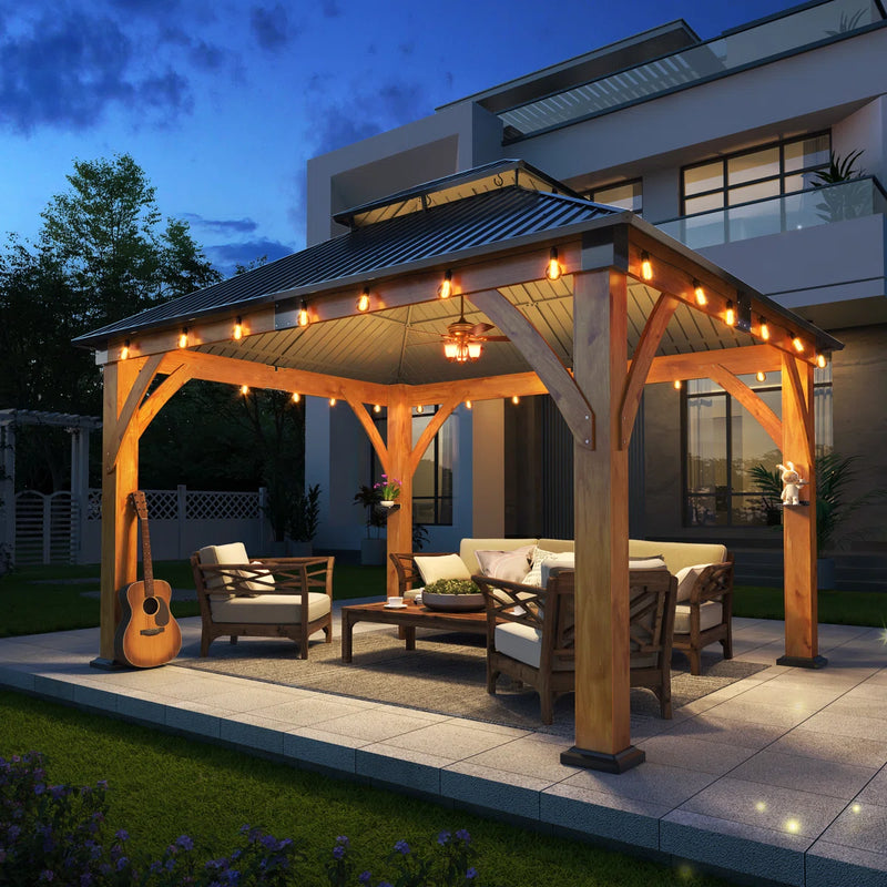 Outdoor Spruce Wood Hardtop Gazebo, Patio Double Roof Galvanized Steel Hardtop Gazebo for Patio, Deck, Backyard, Lawn, and Garden